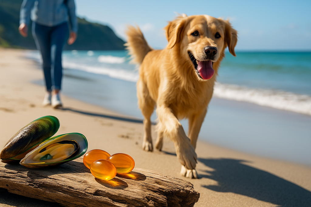 Golden retriever on a NZ beach with green lipped mussels and omega-3 capsules for dog joint health