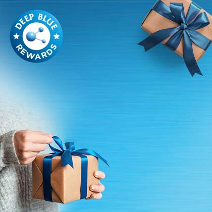 Deep Blue Rewards Club badge with person holding a wrapped gift — earn points on every NZ order