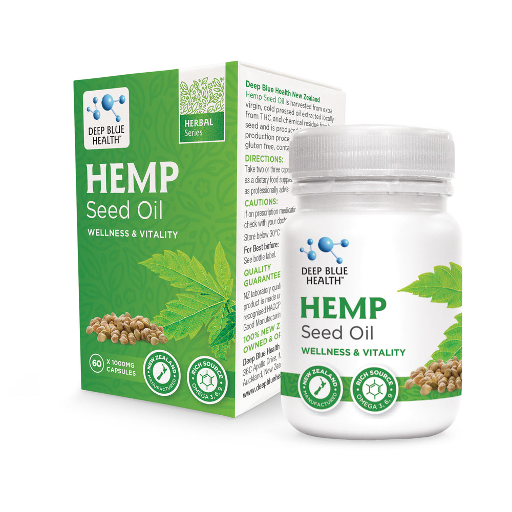 A package of Deep Blue Health Hemp Seed Oil capsules, featuring a green leaf design, contains 60 capsules of 1000mg each. Rich in Omega 3 and Omega 6, it promotes wellness and vitality.