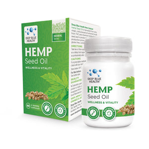 A package of Deep Blue Health Hemp Seed Oil capsules, featuring a green leaf design, contains 60 capsules of 1000mg each. Rich in Omega 3 and Omega 6, it promotes wellness and vitality.