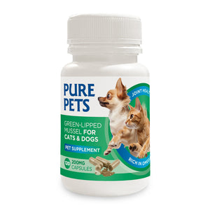 Pure Pets Green-Lipped Mussel bottle — NZ pet joint health supplement, front label
