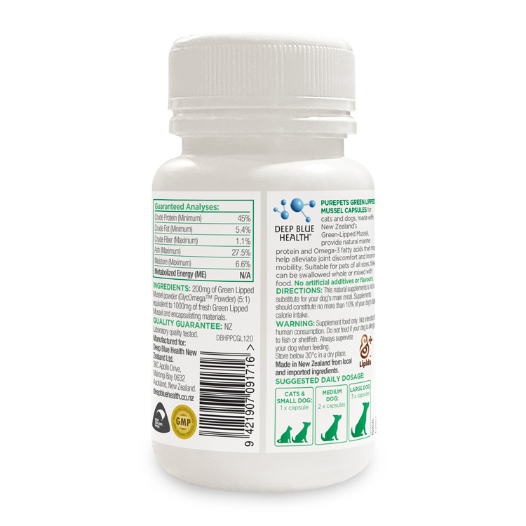 Pure Pets Green-Lipped Mussel bottle — rear label showing ingredients and supplement facts