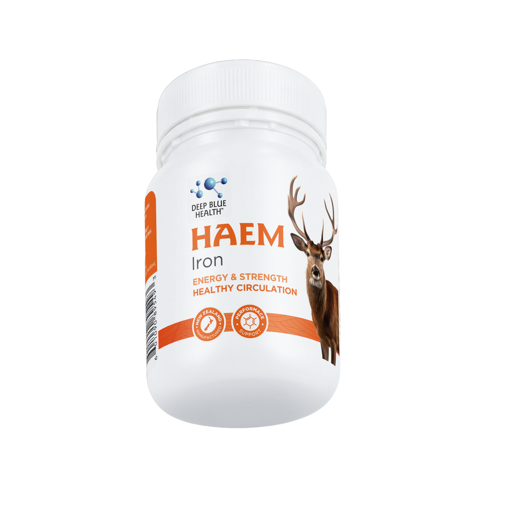 Haem Iron bottle with deer — 90-capsule NZ haem iron supplement from pasture-raised deer