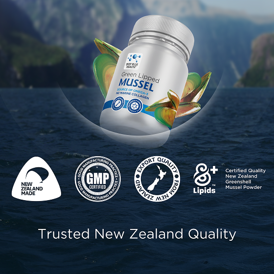 Deep Blue Health Green Lipped Mussel bottle with NZ Made, GMP and certified quality badges - Trusted New Zealand Quality