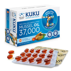 KUKU Green Lipped Mussel Oil 37,000mg 45 capsule box and blister pack for joint pain relief NZ