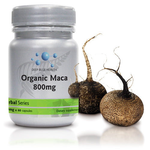 Organic Black Maca 800mg capsules, part of the Herbal Series, are shown beside two maca roots. These 60 capsules provide an energy boost and support hormonal balance.