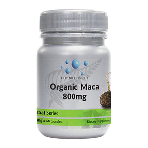 A silver bottle labeled Organic Black Maca features an illustration of maca root. The green label highlights its role in promoting hormonal balance. Part of the Herbal Series, this dietary supplement contains 60 capsules designed for an energy boost.