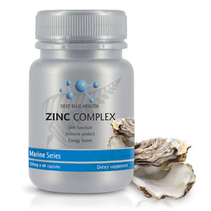 Deep Blue Health Zinc Complex immunity booster supplement bottle with oyster shell ingredient NZ